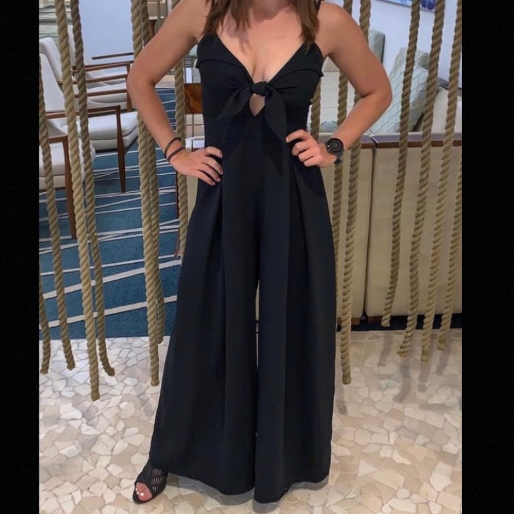 she + sky size S black pleated jumpsuit with tie-front